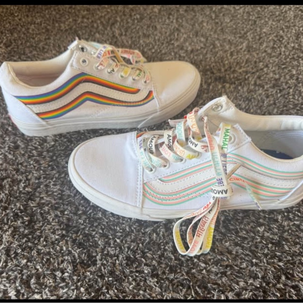 Vans White Sneakers with Rainbow Stripes